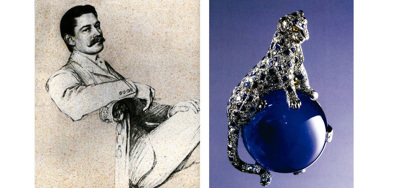 A la izquierda, Louis Cartier, artífice del esplendor de la firma. A la derecha, la característica pantera de la firma en pedrería sobre esfera de vidrio.