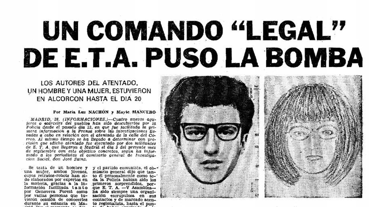 Fragmento de hemeroteca del diario 'Informaciones' (28 de septiembre de 1974) con retratos robot de Bernat Oyarzábal Bidegorri y María Lourdes Cristóbal Elhorga, facilitados por Genoveva Forest.