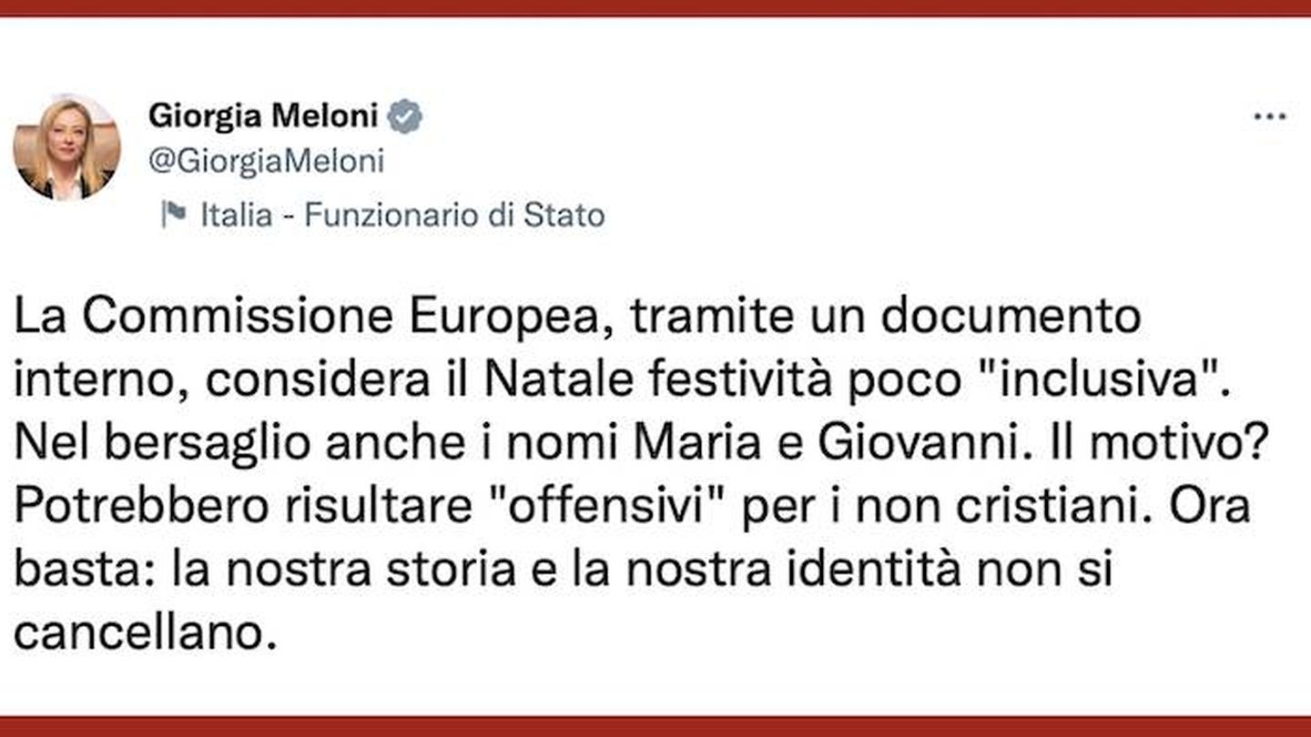 Un tweet de Giorgia Meloni sobre la Navidad dirigido a la Comisión Europea