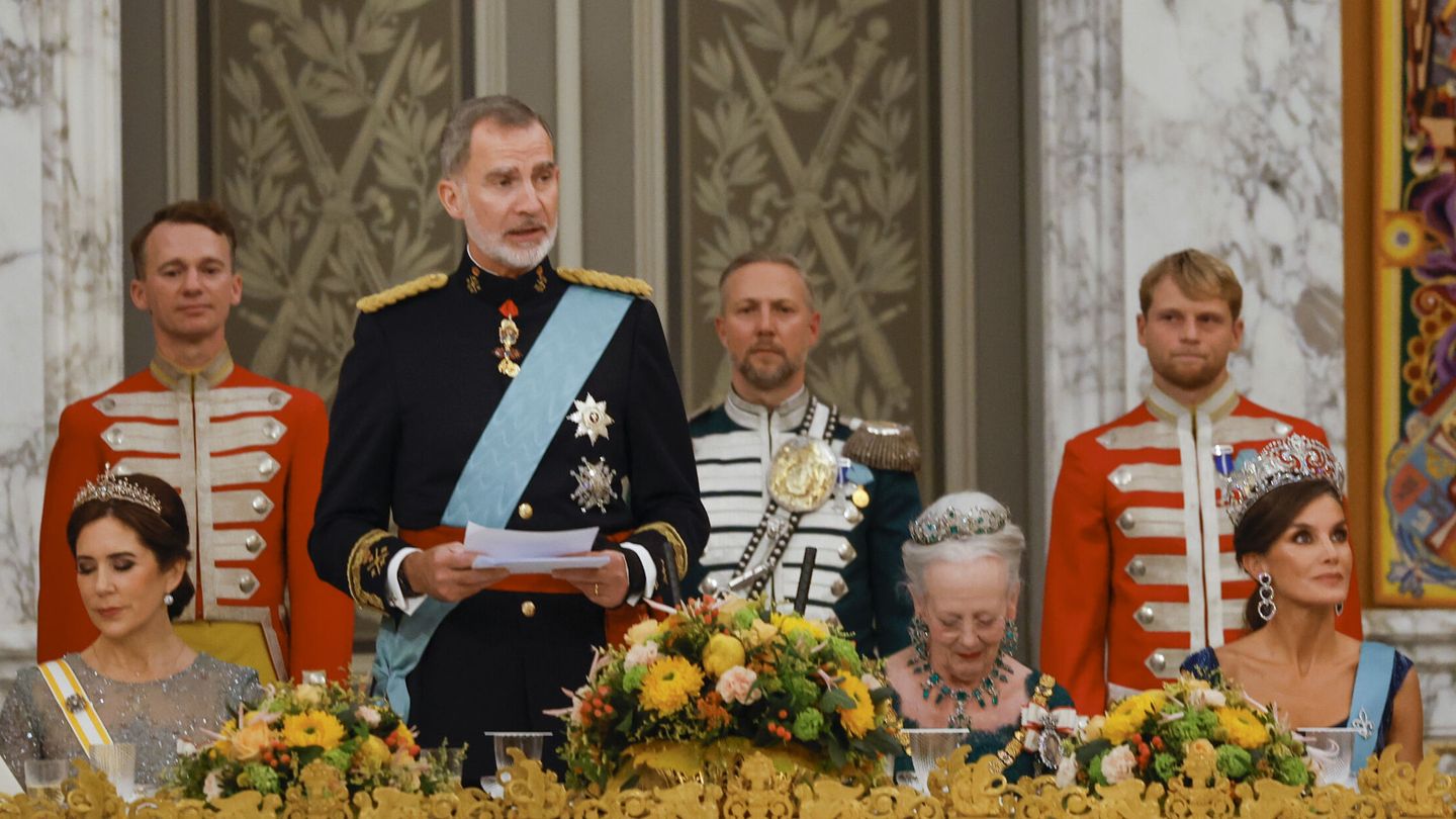 El rey Felipe pronuncia unas palabras durante la cena de gala. (EFE)