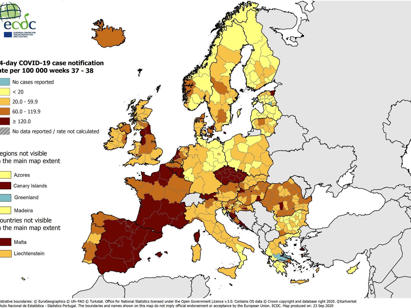 Mapa con la incidencia de contagio por regiones en Europa. (ECDC)