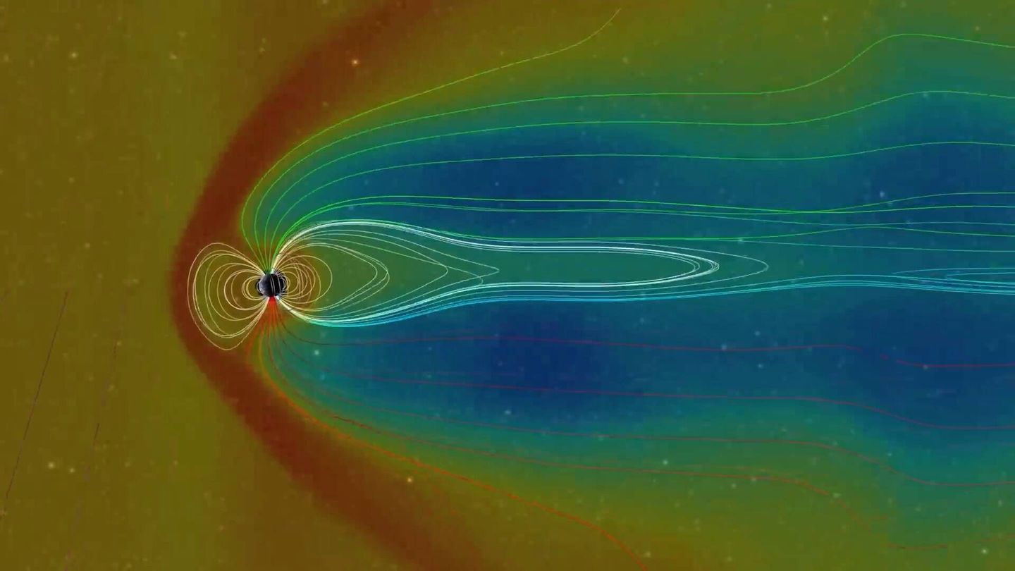 La onda de choque de una eyección coronal masiva del Sol deformando el campo magnético terrestre.