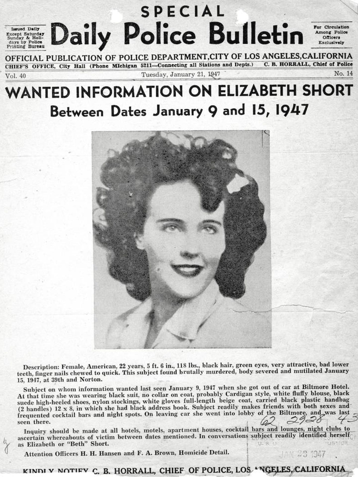 'Se busca información de Elizabeth Short', difundido por la comisaría de Policía de Los Ángeles. Foto: CC