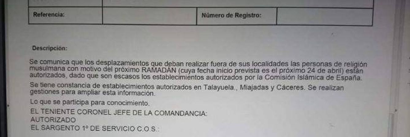 Falsa nota de la Guardia Civil que autoriza a los musulmanes de Extremadura a circular en Ramadán 