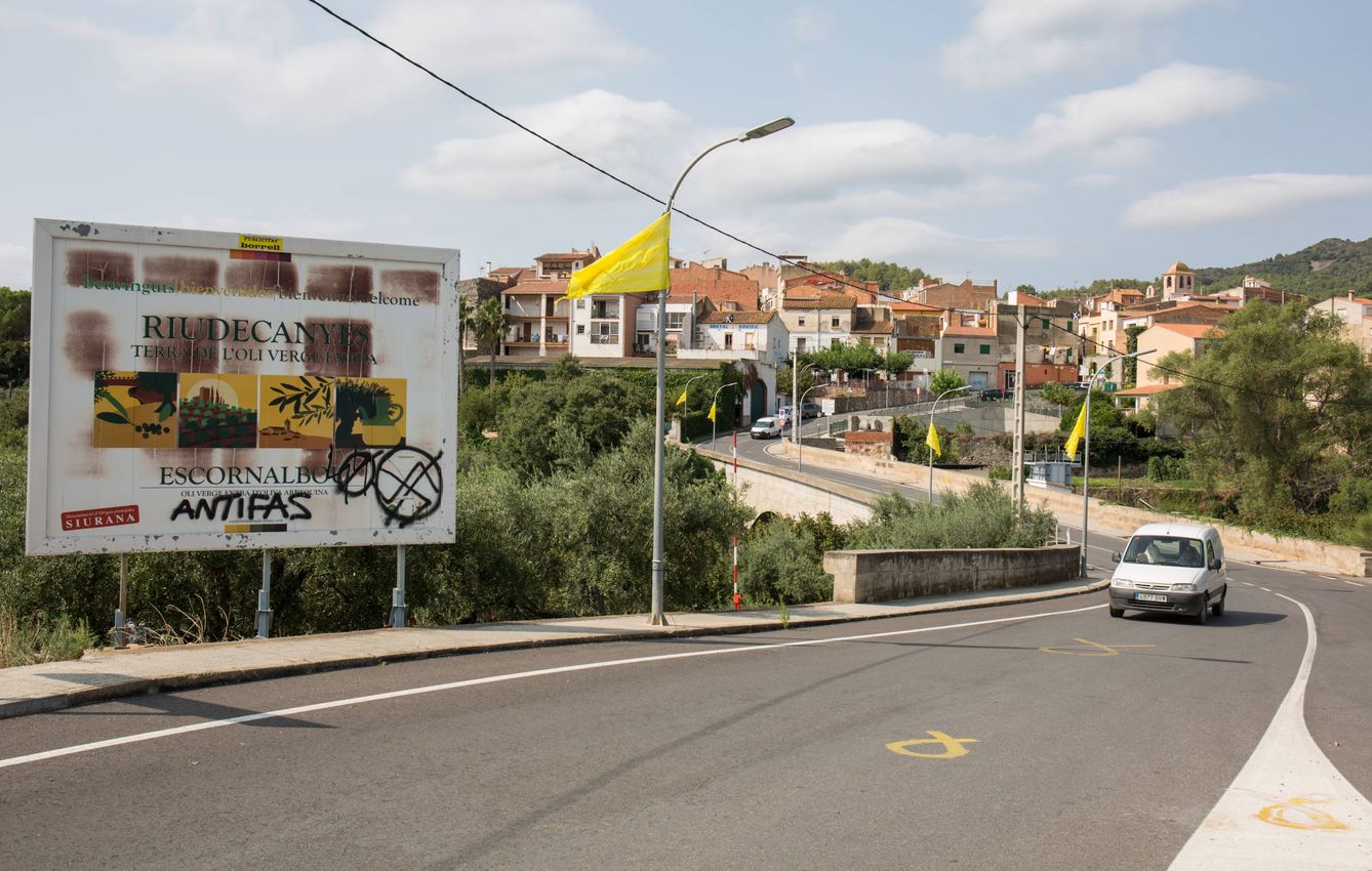 Acceso a Riudecanyes (Tarragona), lleno de banderas en las farolas. (D.B.)