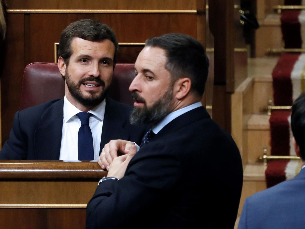 Foto: El presidente del Partido Popular, Pablo Casado (i), y el líder de Vox, Santiago Abascal. (EFE/Ballesteros)