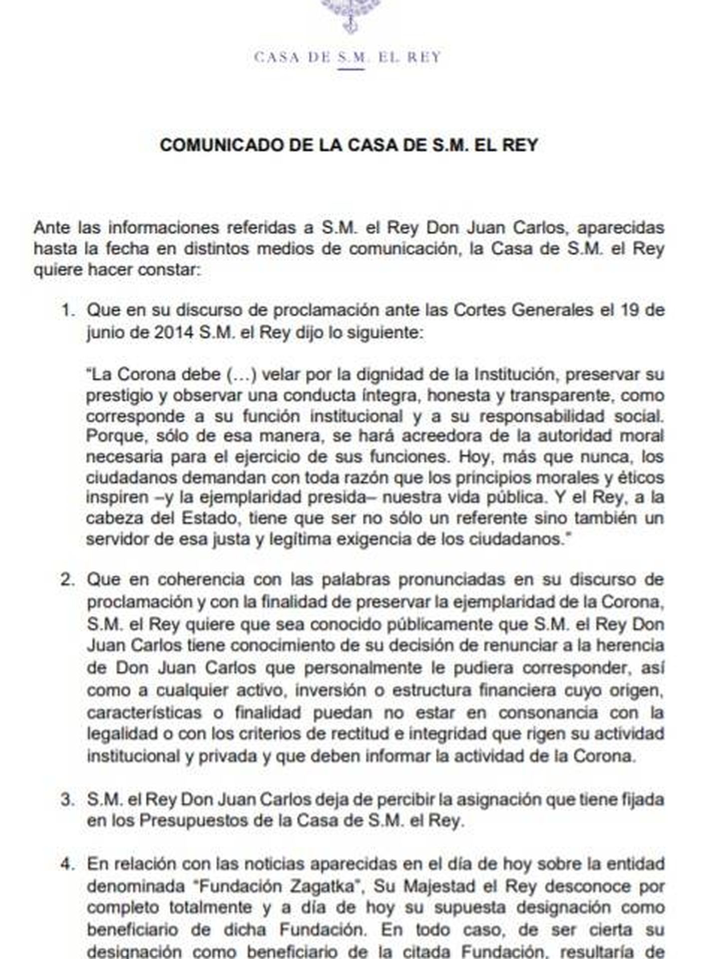 Consulte aquí en PDF el comunicado de Felipe VI por el que renuncia a la herencia de don Juan Carlos y le retira su asignación. 
