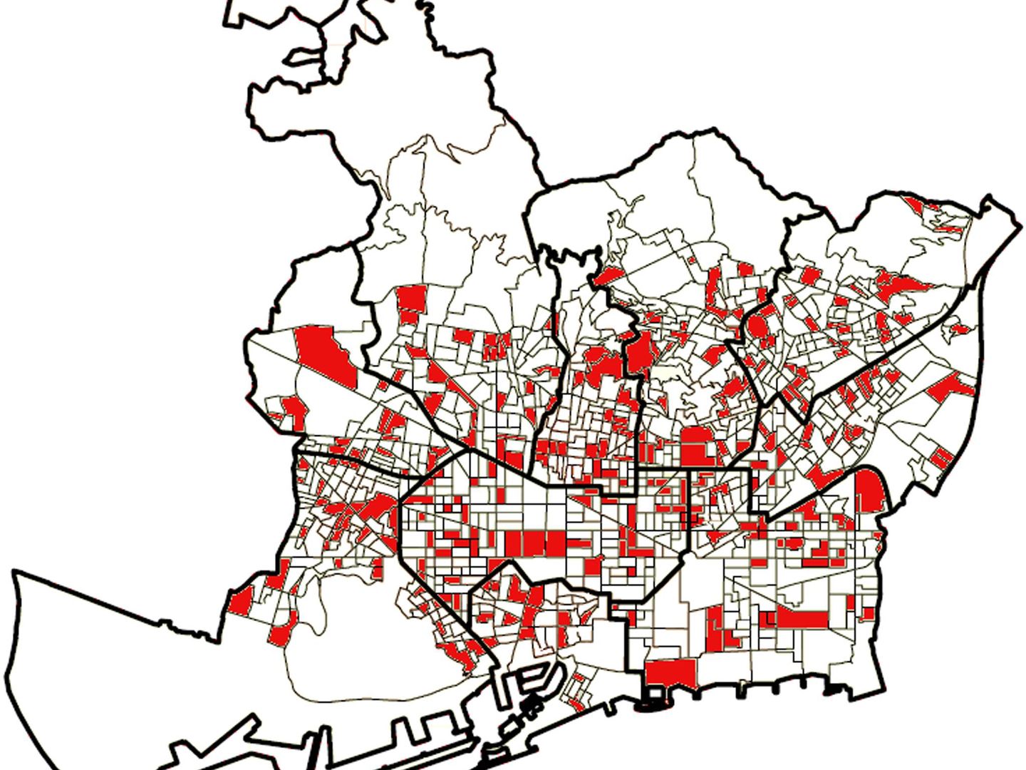 En rojo, los distritos electorales estudiados por los científicos (PLOS ONE)