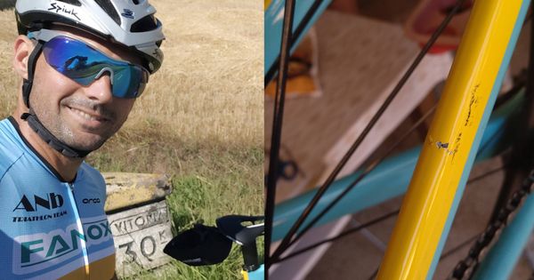 Foto: A la izquierda, Carlos López durante una competición. A la derecha, el cuadro roto de su bicicleta.