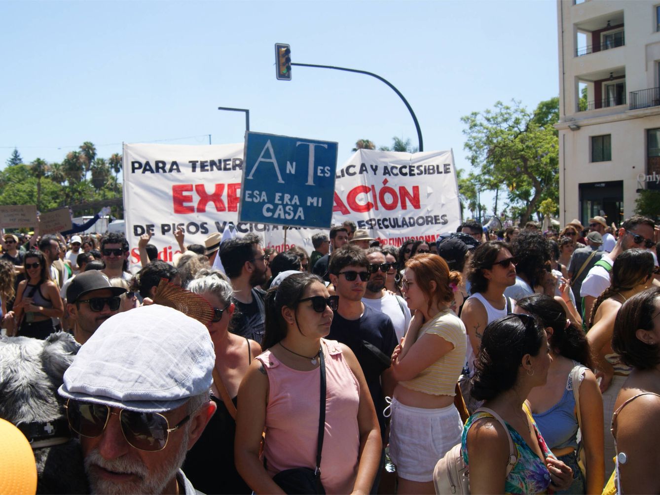 Manifestantes avanzando por la Alameda, avenida principal en el centro de la ciudad de Málaga. Se lee una pancarta: 