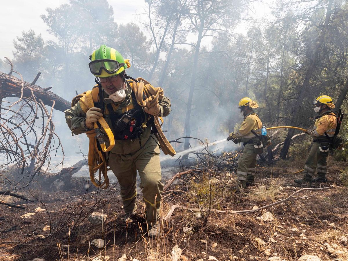 Foto: Un agente medio ambiental y dos miembros de la brigada de Mazarrón combaten el incendio en Mula. (EFE)