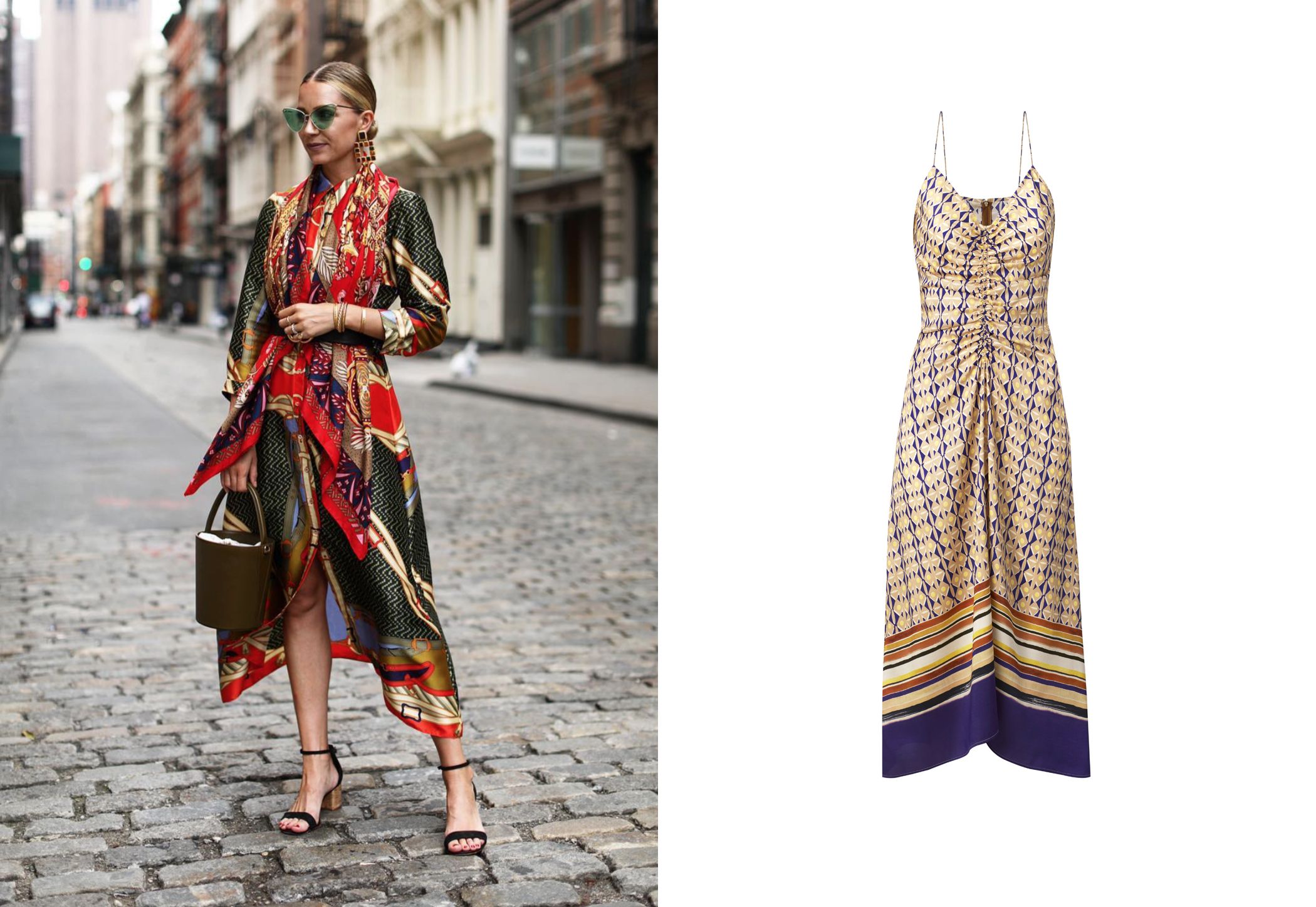 Blair Eadie con vestido con print de pañuelo vintage de Zara y vestido con tirantes spaghetti de Mango, 39,99 €. (@blaireadiebee y cortesía de la marca)