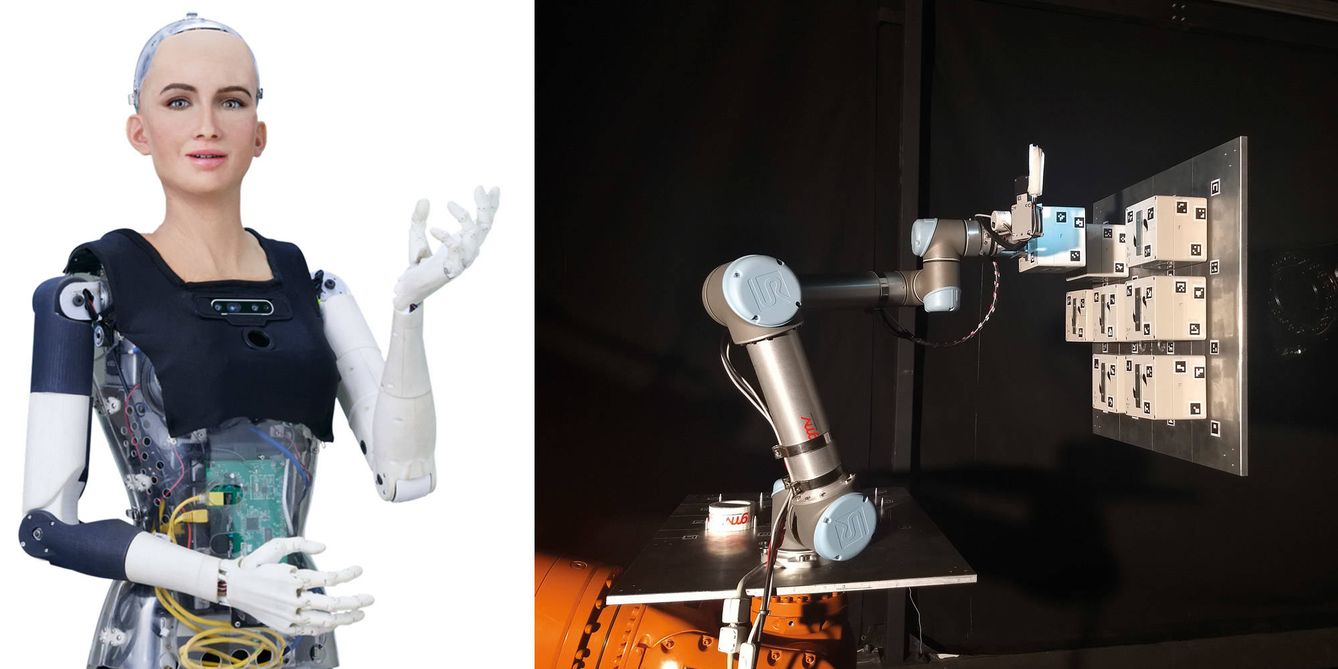Sophia es una humanoide creada en 2015 y que se ha hecho popular tras convertirse en la primera robot-ciudadana del mundo. A la derecha,  ejemplo de tecnología robótica espacial desarrollada por la multinacional GMV.