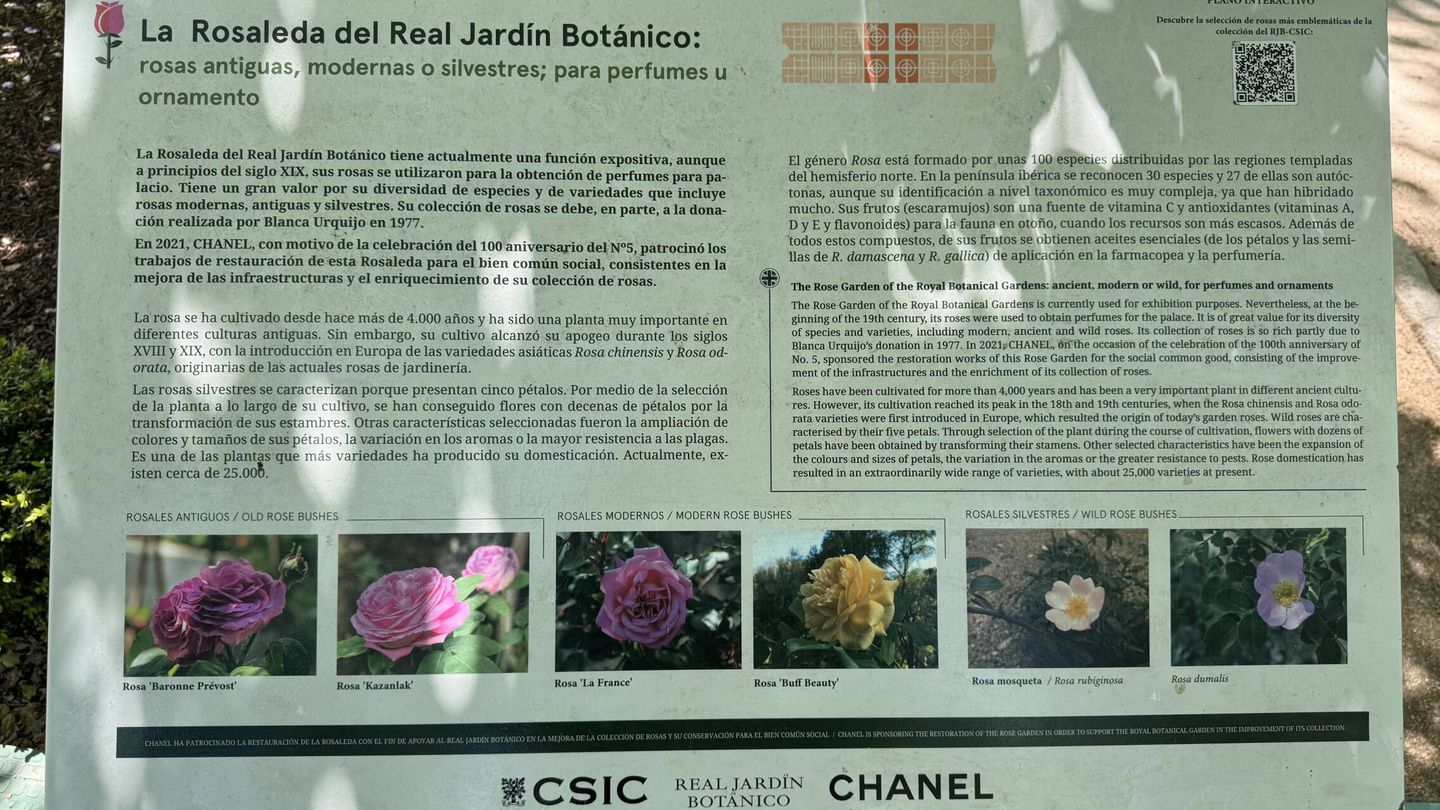 Cartel de la rosaleda del Jardín Botánico, con el convenio de colaboración entre Chanel y CSIC. (Cortesía de Chanel)