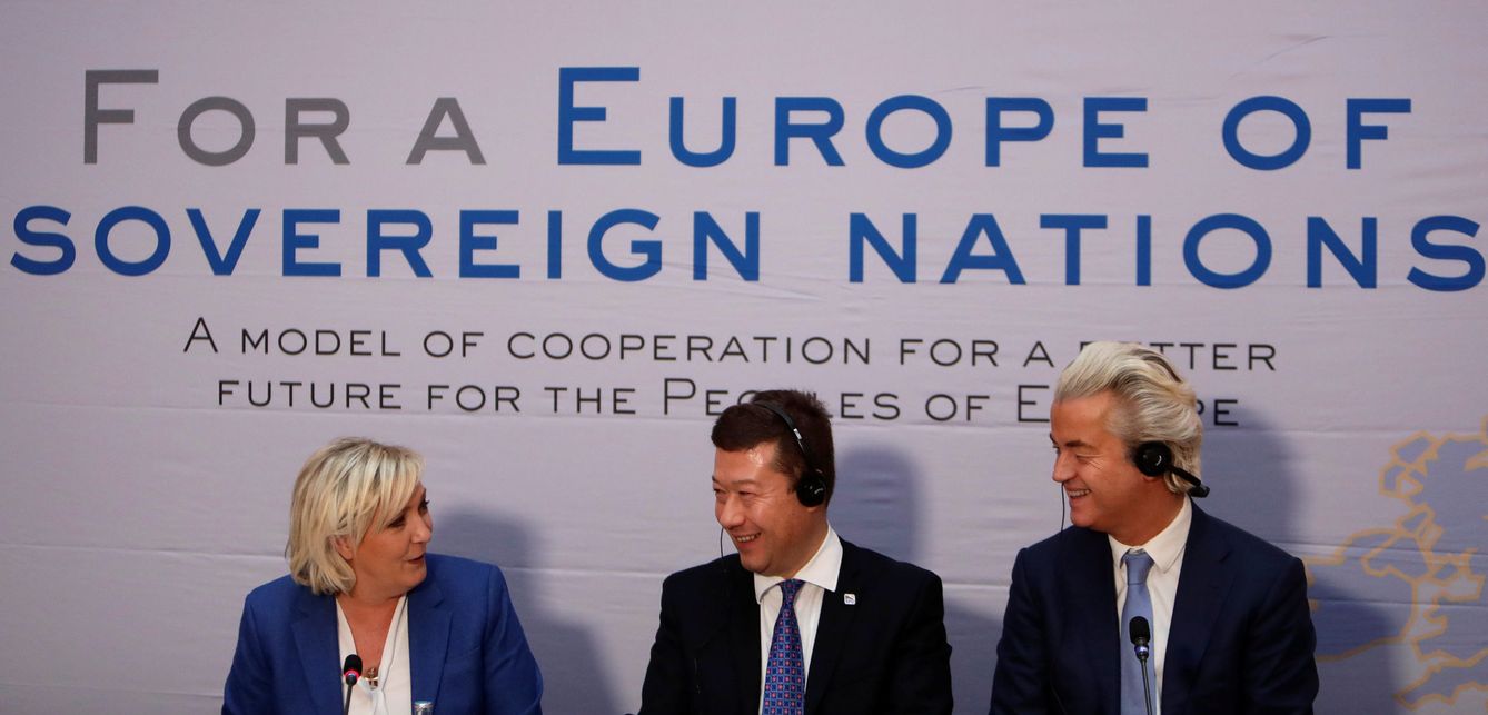 La francesa Marine Le Pen, el checo Tomio Okamura y el holandés Geert Wilders. (EFE)