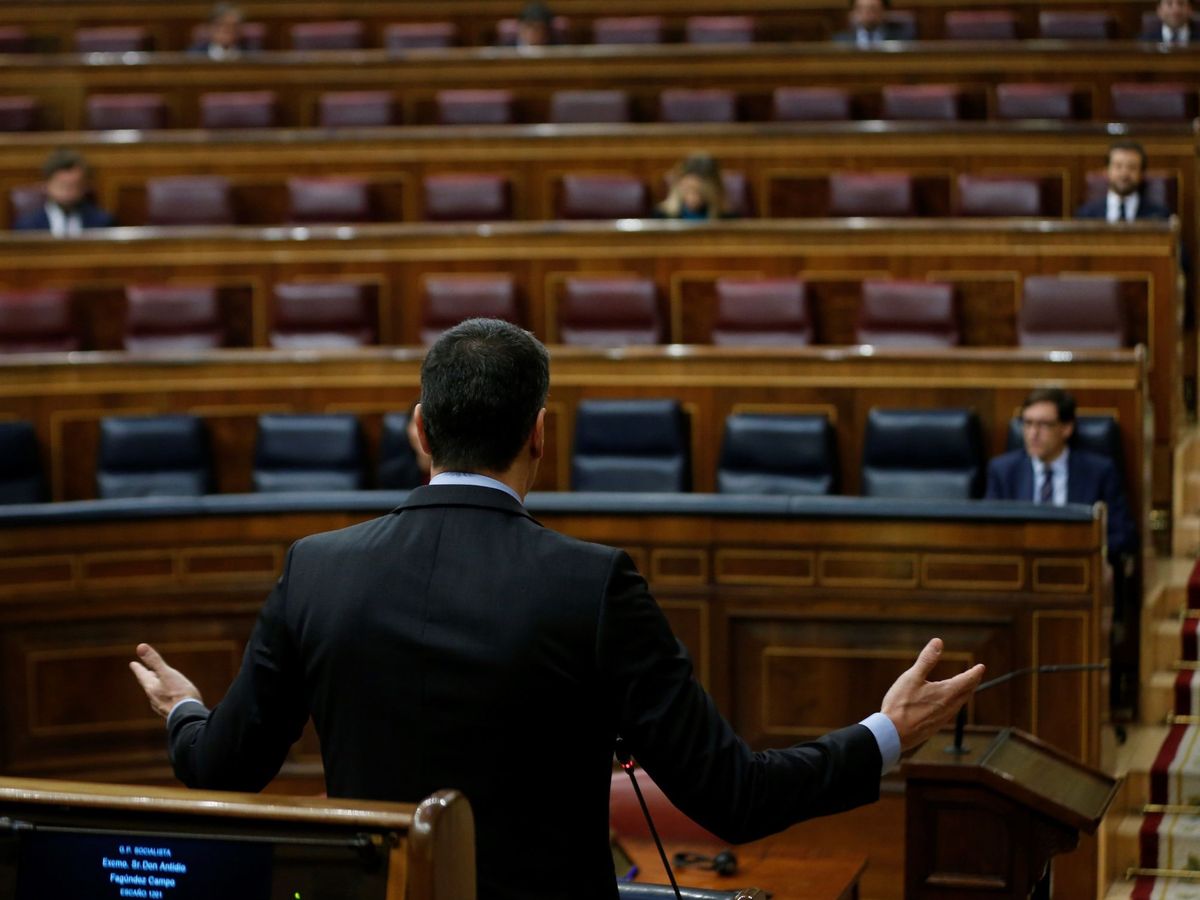 Foto: El presidente del Gobierno, Pedro Sánchez (c), interviene en una sesión de control al Gobierno en el Congreso de los Diputados. (EFE)