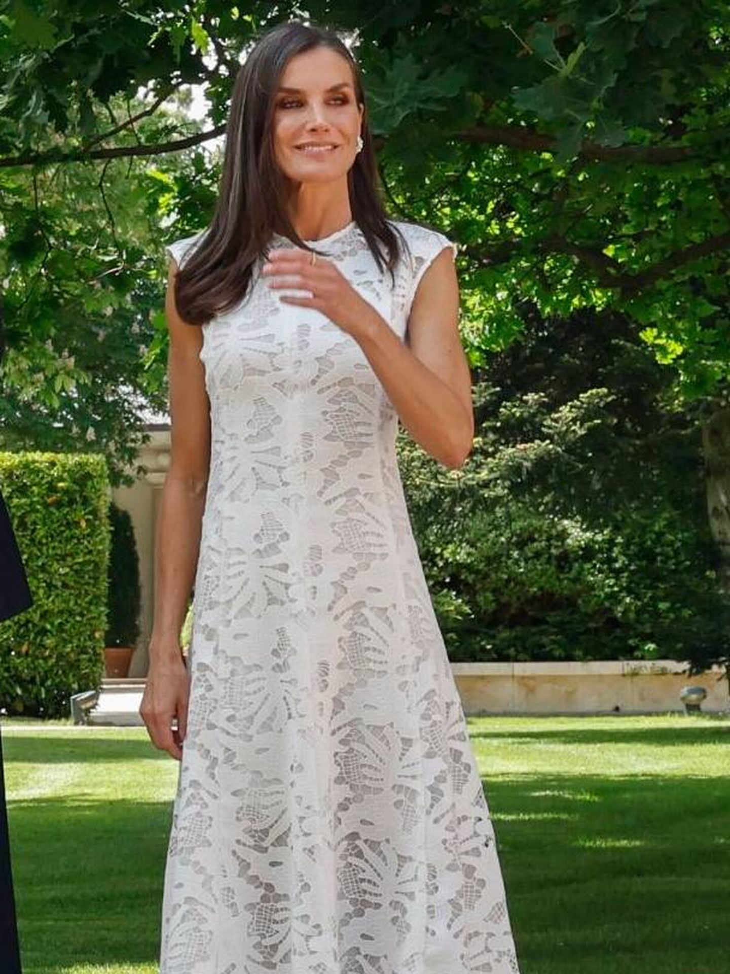 La reina Letizia posa con un vestido de Sfera en el Palacio Real. (EFE)