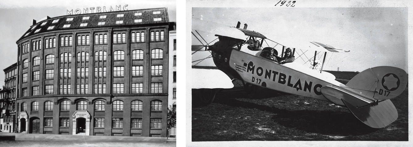 A la izquierda, imagen de 1910 de la primera factoría Montblanc que se inauguró en Hamburgo, destinada a la producción de estilográficas. A la derecha, una de las sorprendentes campañas publicitarias de la firma en 1922.
