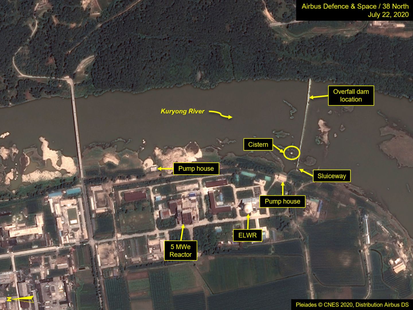Vista del centro de Investigación Científica Nuclear de Yongbyon en julio de 2020. (Airbus Defence & Space and 38 North Pleiades)