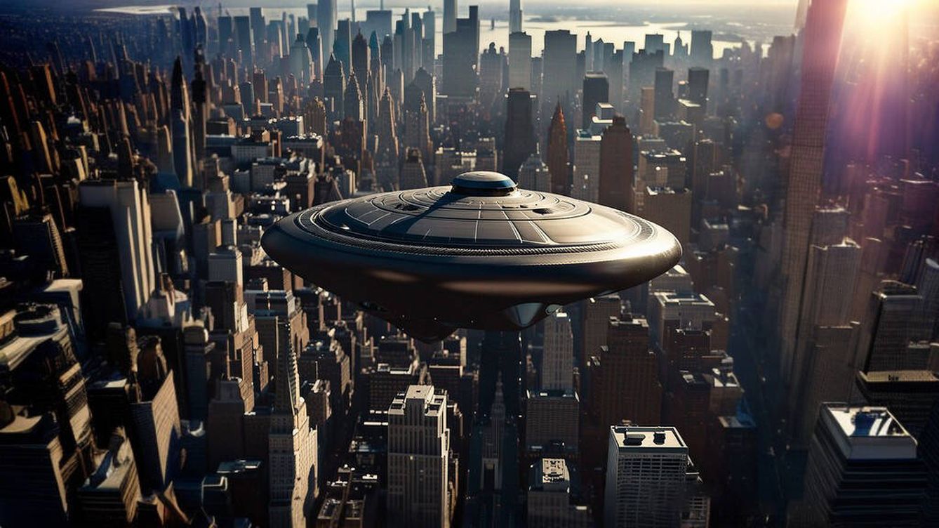 Foto: Ilustración realizada con IA de una nave alienígena sobre Nueva York. (SDXL/Novaceno)