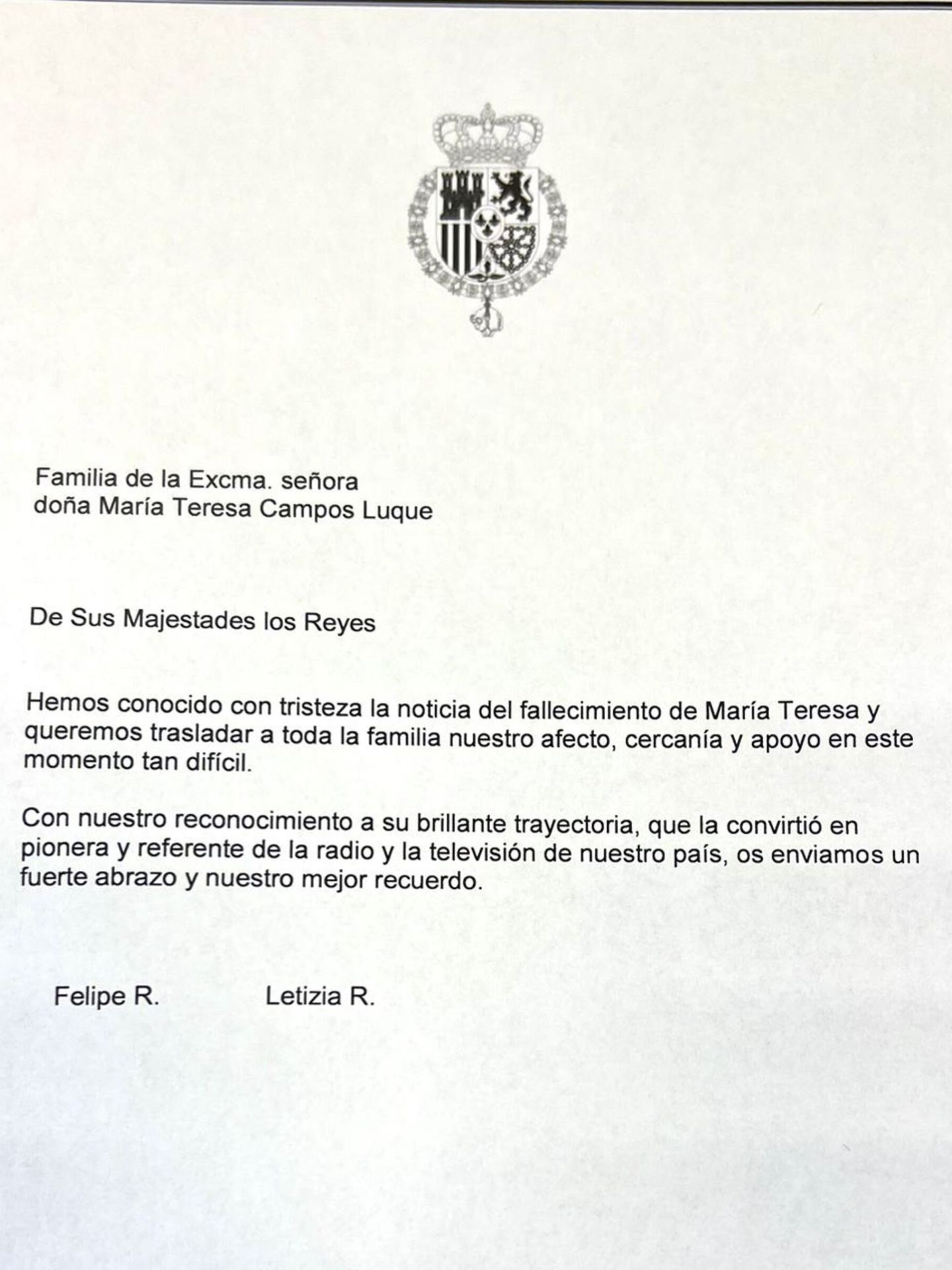 Comunicado de Felipe VI y Letizia ante la muerte de María Teresa Campos. (EFE/Casa Real)