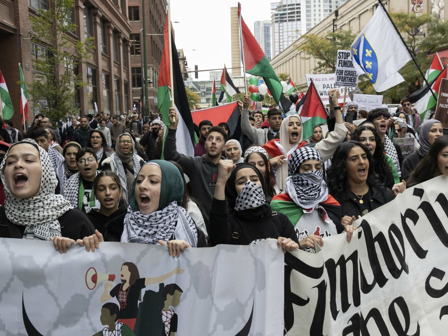 Manifestación en Chicago el pasado domingo, día 8, en apoyo a Palestina.  (Europa Press/Zuma Press/J. Daniel Hud)