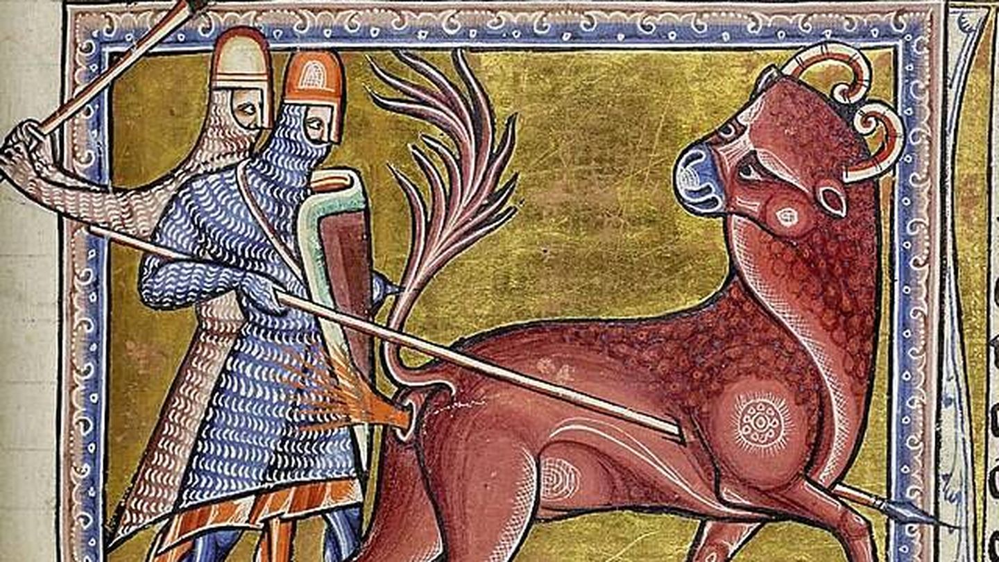 Representación de un bonacho: criatura legendaria descrita como un toro con cuernos curvos hacia adentro y crin de caballo.