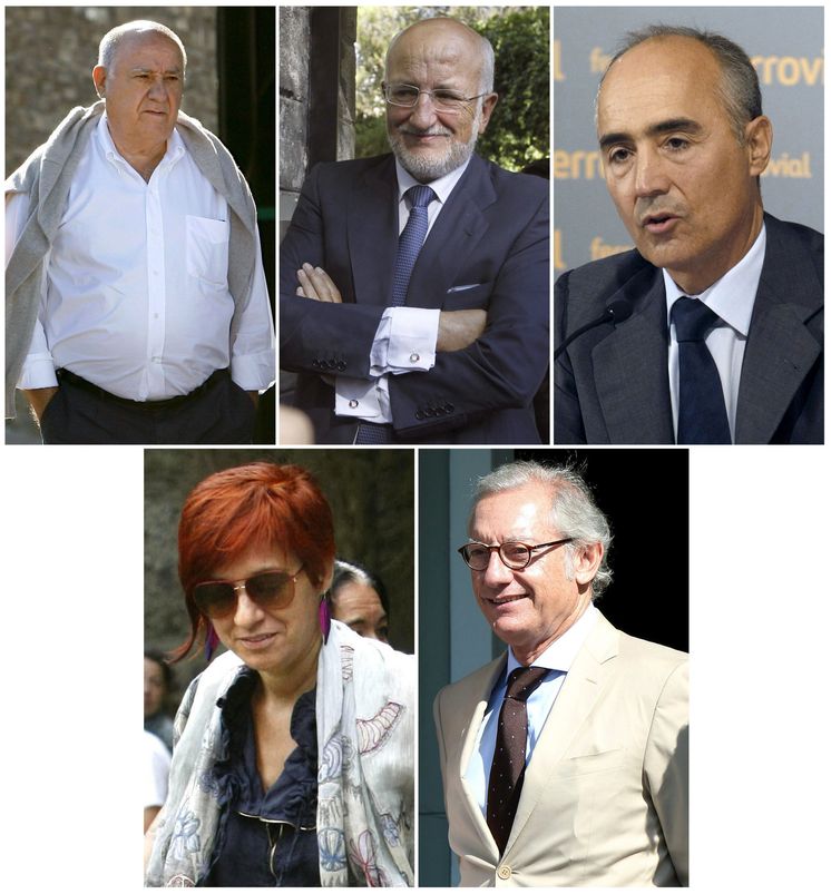 Foto: De izquierda a derecha y arriba a abajo: Amancio Ortega, Juan Roig, Rafael del Pino, Sandra Ortega e Isak Andic. (EFE)