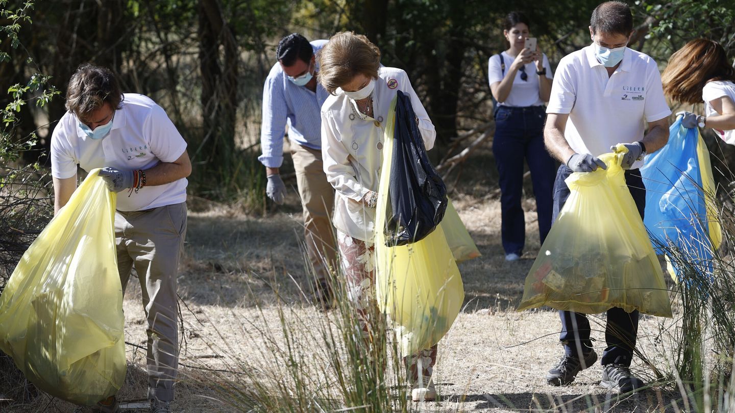 La reina Sofía, recogiendo basura junto al resto de voluntarios. (EFE/Mariscal)
