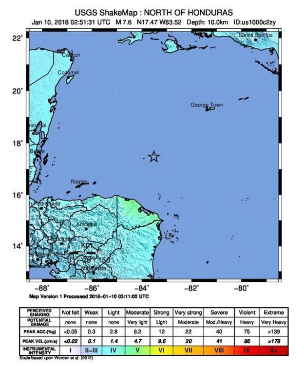 Foto: Un mapa de movimientos telúricos que muestra el epicentro (marcado con una estrella) de un fuerte terremoto de magnitud 7,8 en la escala de Richter que sacudió hoy las áreas entre Honduras y Cuba. (EFE)