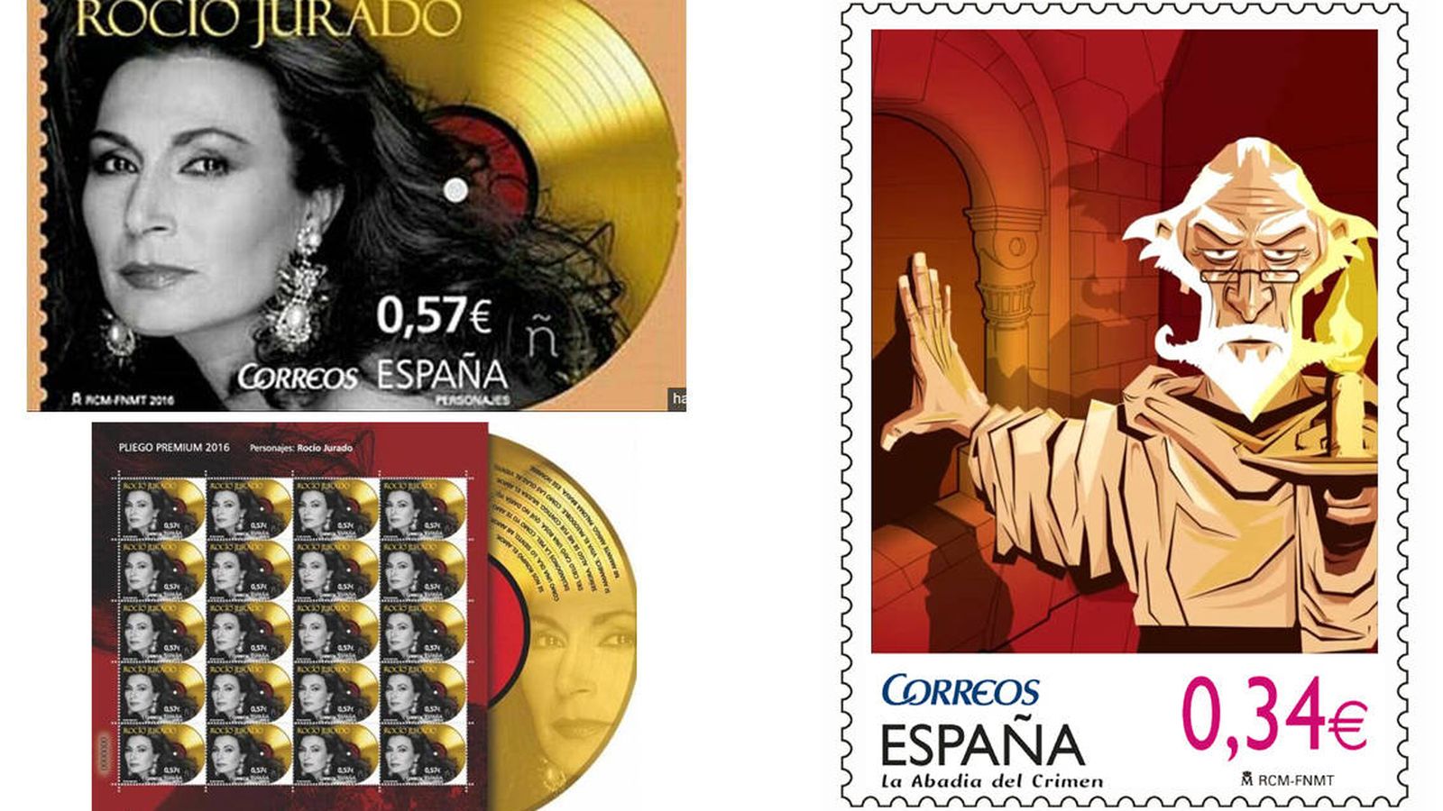 Foto: A la izquierda, el sello de Rocío Jurado. A la derecha, el propuesto para 'La Abadía del Crimen'. (El Confidencial)