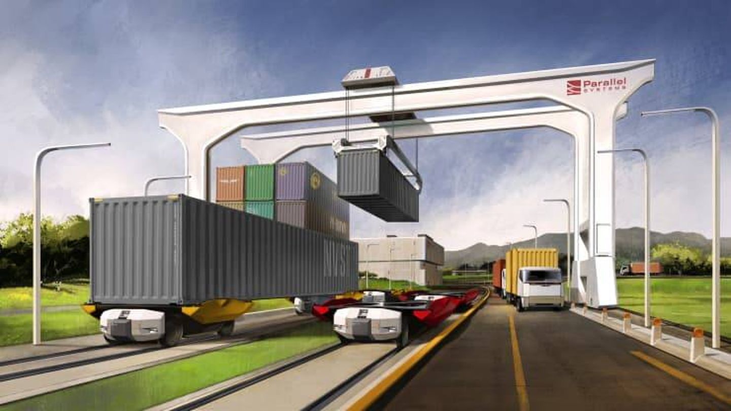 La grua de intercambio de contenedores entre las vías y los camiones. (Parallel Systems)