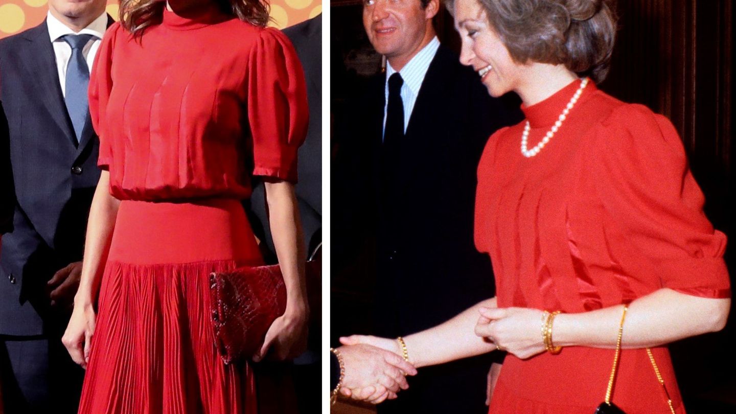 La reina Letizia, en 2018, y la reina Sofía, en 1982 con el mismo vestido. (EFE)