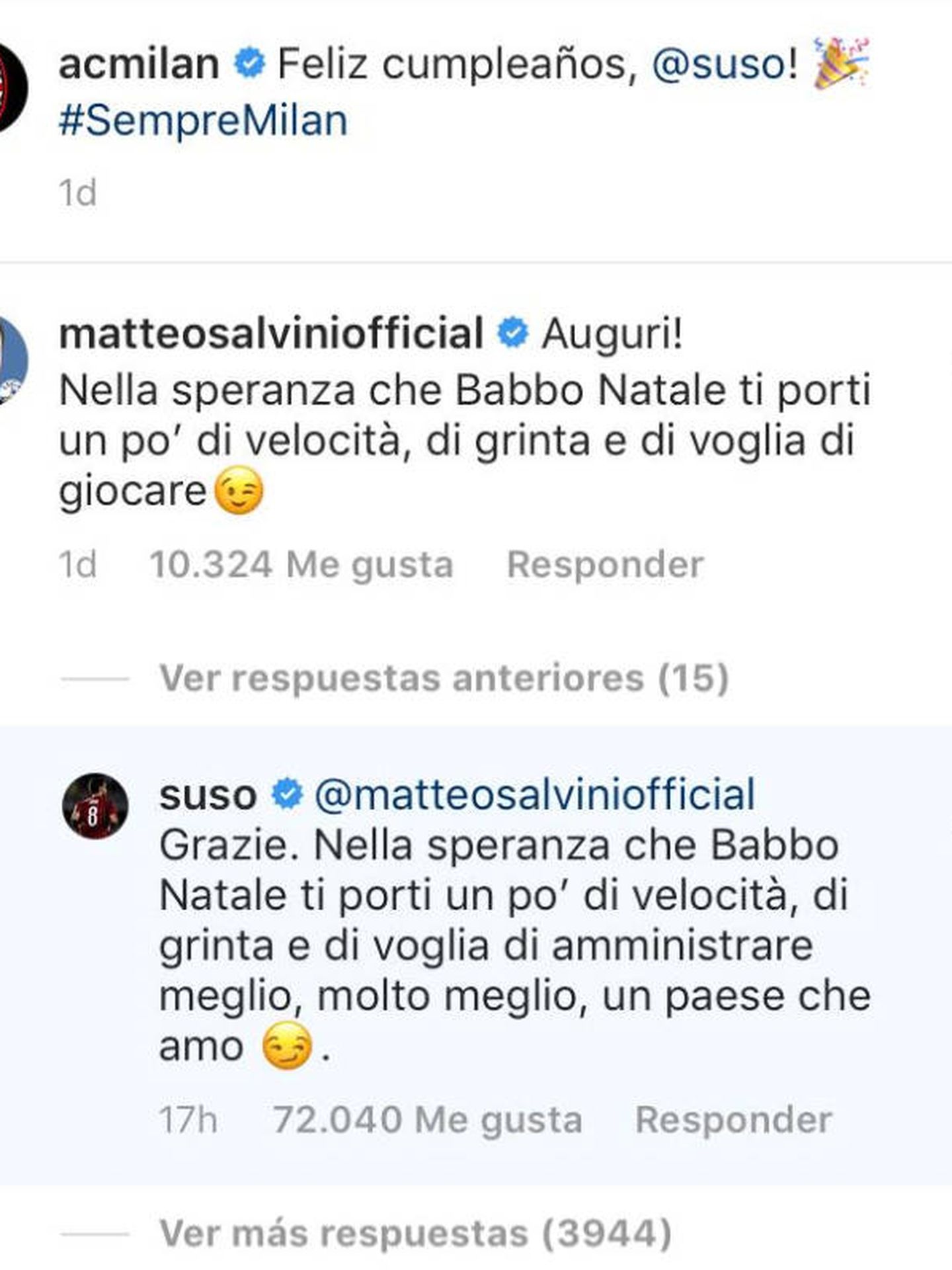 La felicitación de Salvini y la respuesta de Suso (Foto: Instagram)