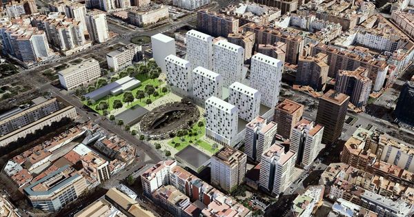 Foto: Figuración de las siete torres de Mestalla (cuya distribución se modificará) y el centro comercial subterráneo abierto. 