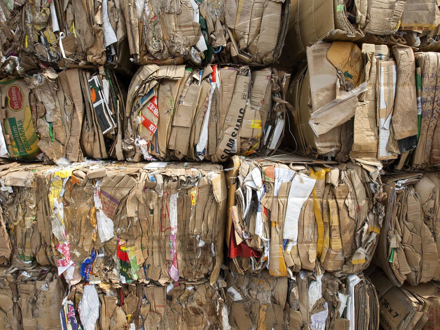 Fardos de cartón prensado dispuestos para su reciclaje. (EFE/Alex H.)