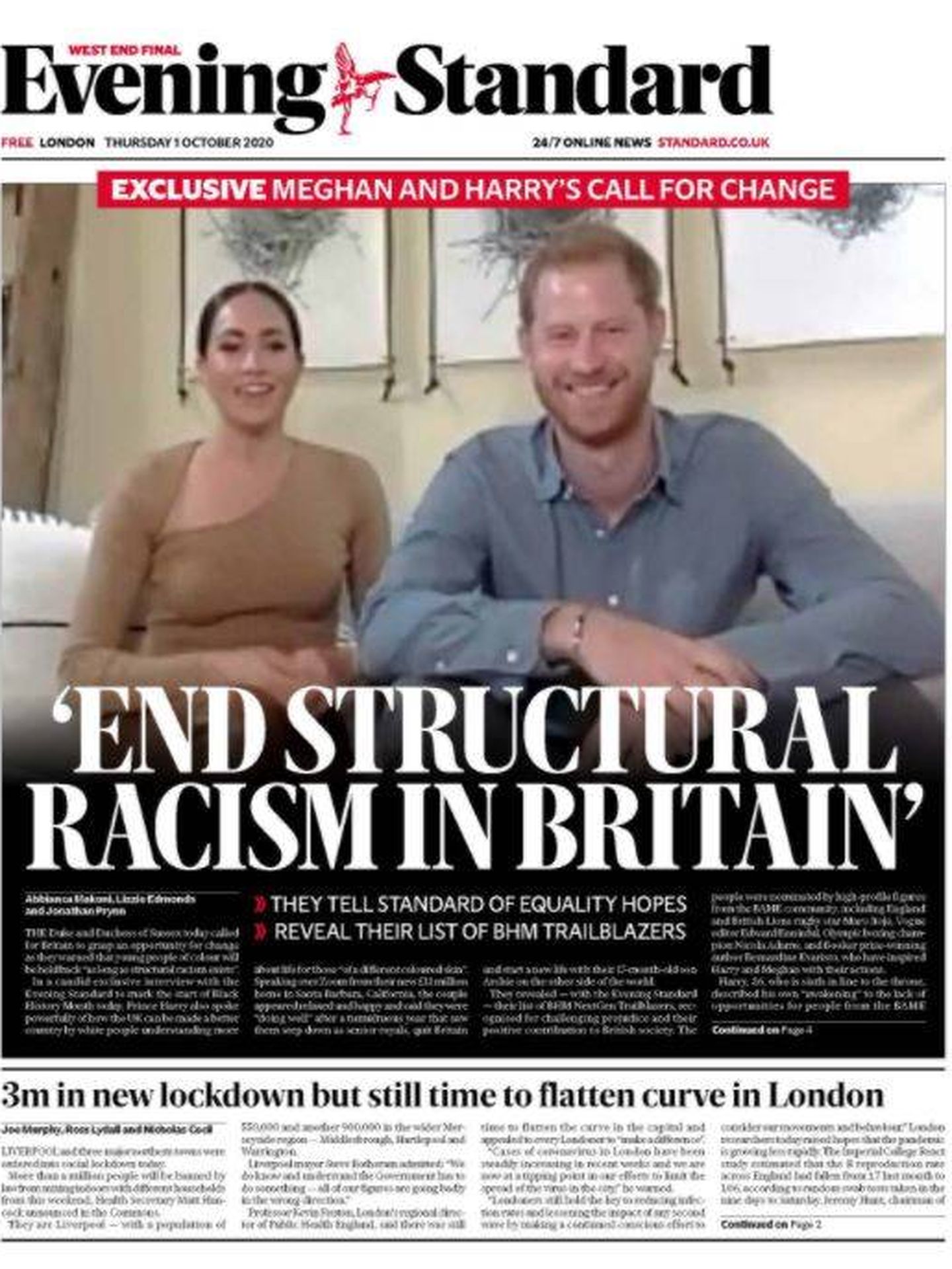 Meghan y Harry, en la portada del 'Evening Standard' de este jueves.
