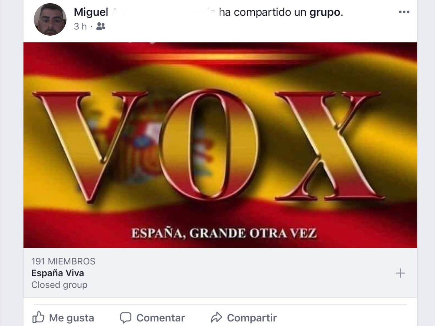 Una de las publicaciones de Miguel en Facebook ensalzando a Vox.