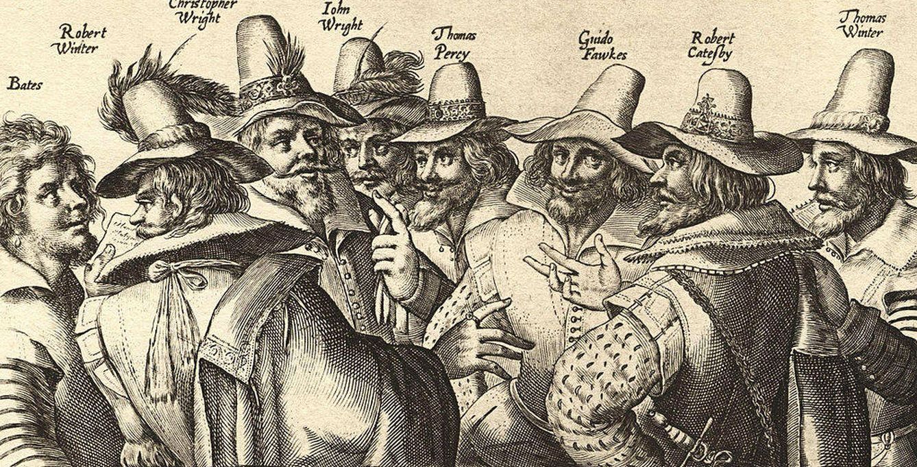 Ocho de los trece conspiradores. Fawkes es el tercero por la derecha. (Grabado de Crispijn van de Passe)
