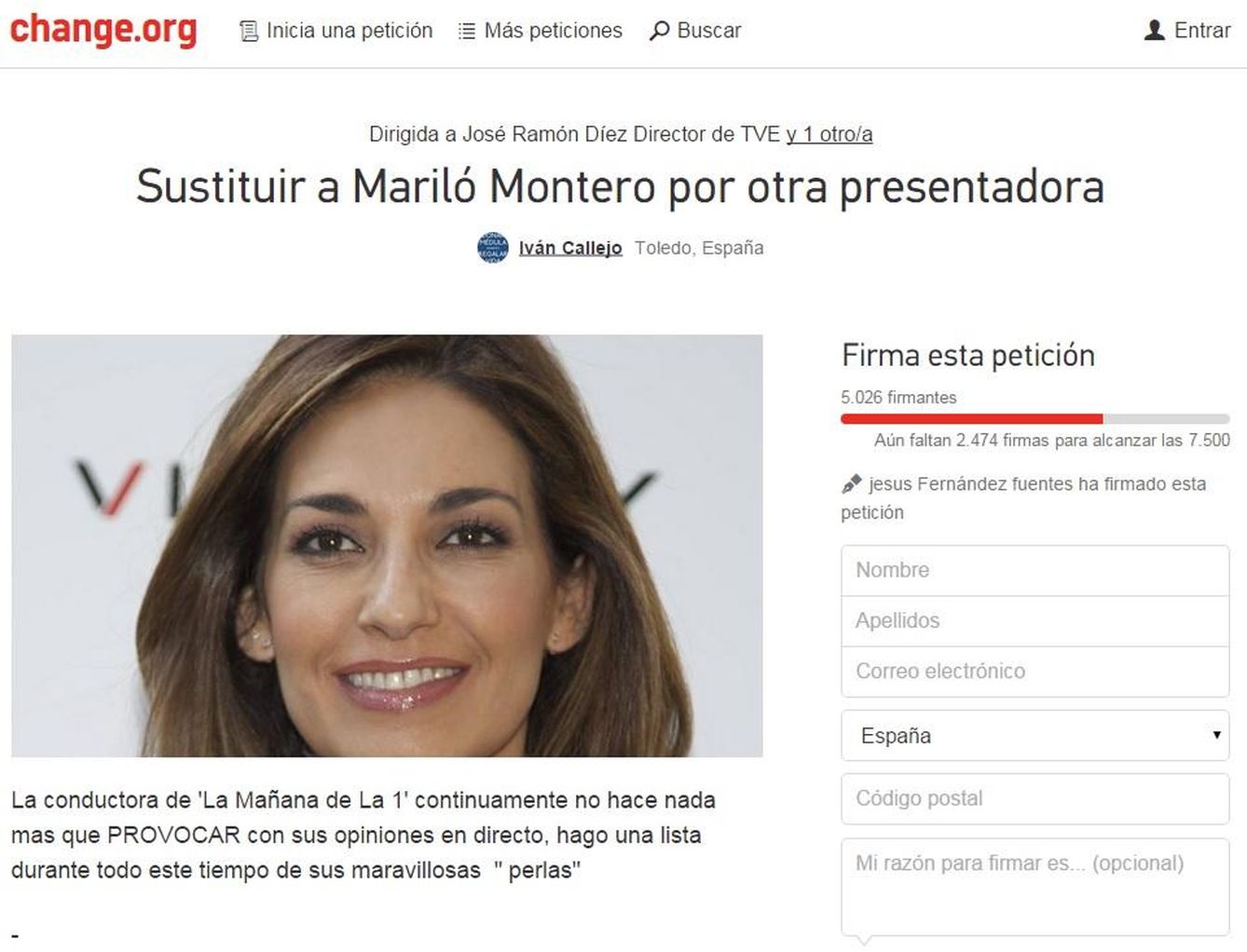 Carta que pide el despido de Mariló Montero (Change.org)