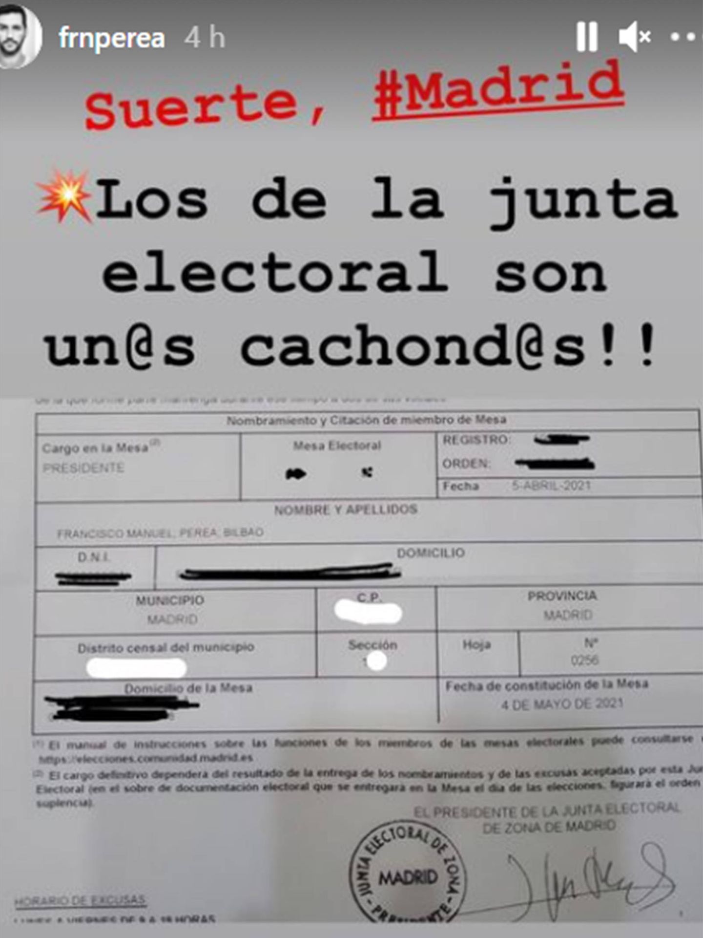 Fran Perea desvela que es presidente de mesa electoral. (Instagram @frnperea)
