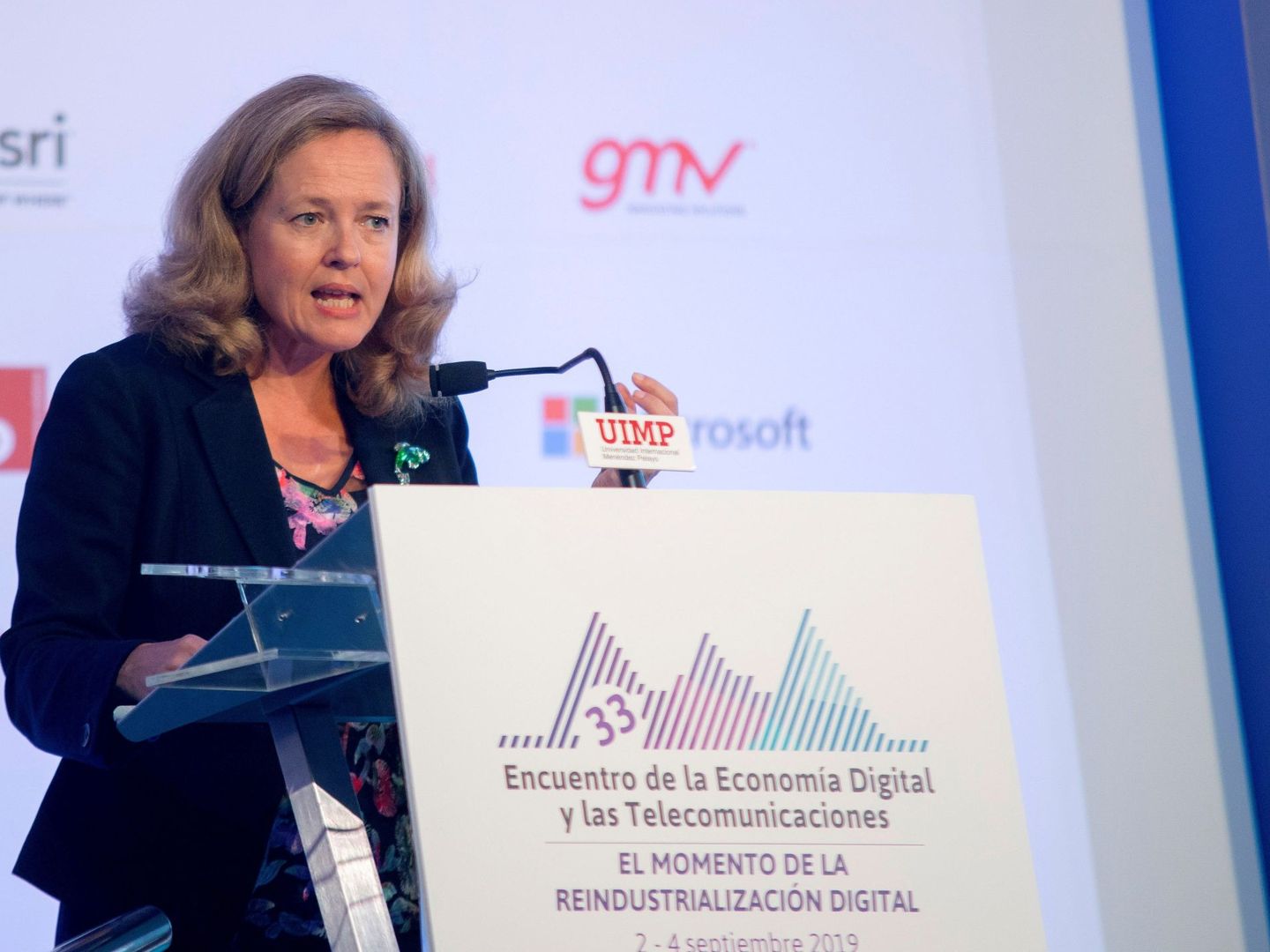 La ministra de Economía y Empresa en funciones, Nadia Calviño, durante la inauguración inauguración del 33º del Encuentro de la Economía Digital y las Telecomunicaciones. (EFE)