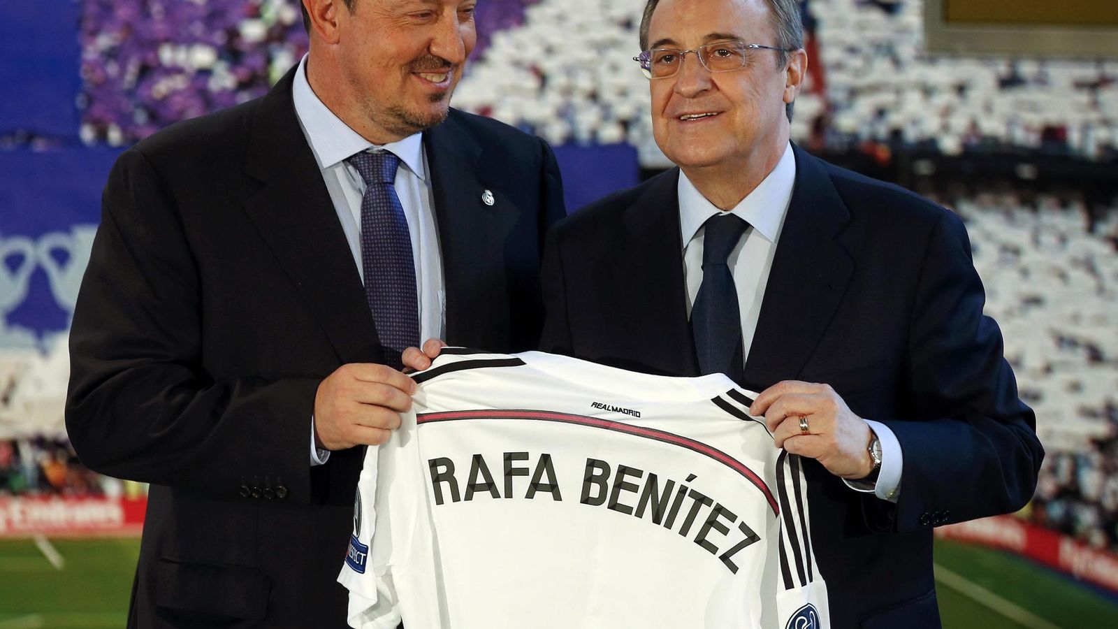 Foto: Rafa Benítez junto a Florentino en su presentación como entrenador blanco (Reuters).