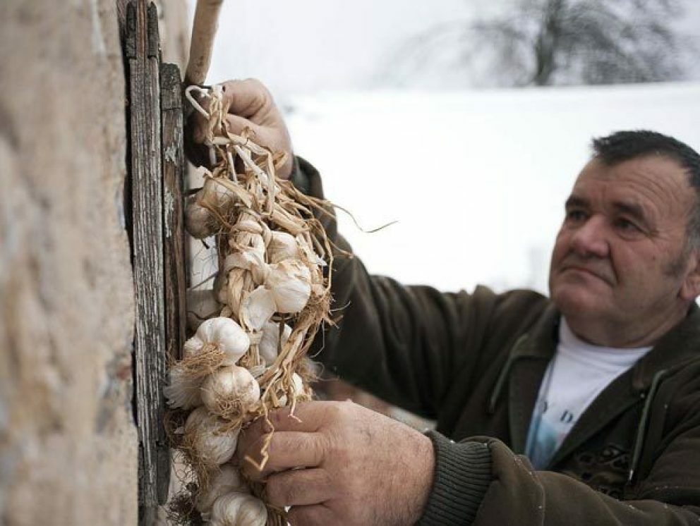 Slobodan Jagodic cuelga dientes de ajo en la puerta de su hogar en Zarozje (AFP).