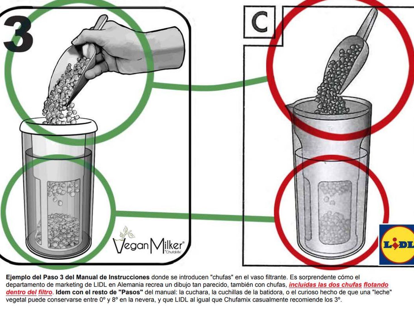 El manual de instrucciones de ambos utensilios (la Vengan Milker de Chufamix y la Veggie Drink Maker de Lidl), prácticamente idéntico. 