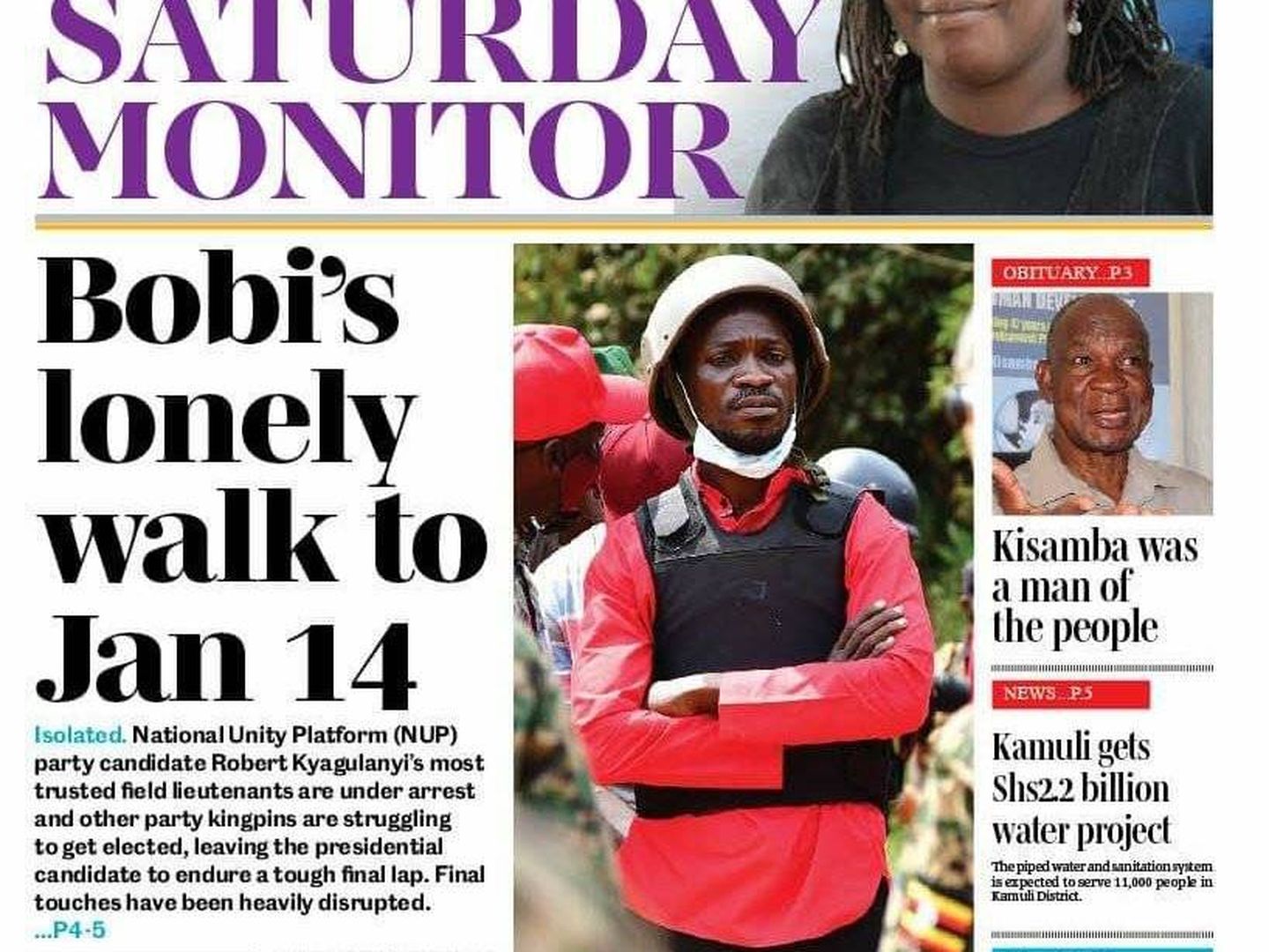 Portada del diario 'Saturday Monitor', con Bobi ataviado con casco y chaleco antibalas.