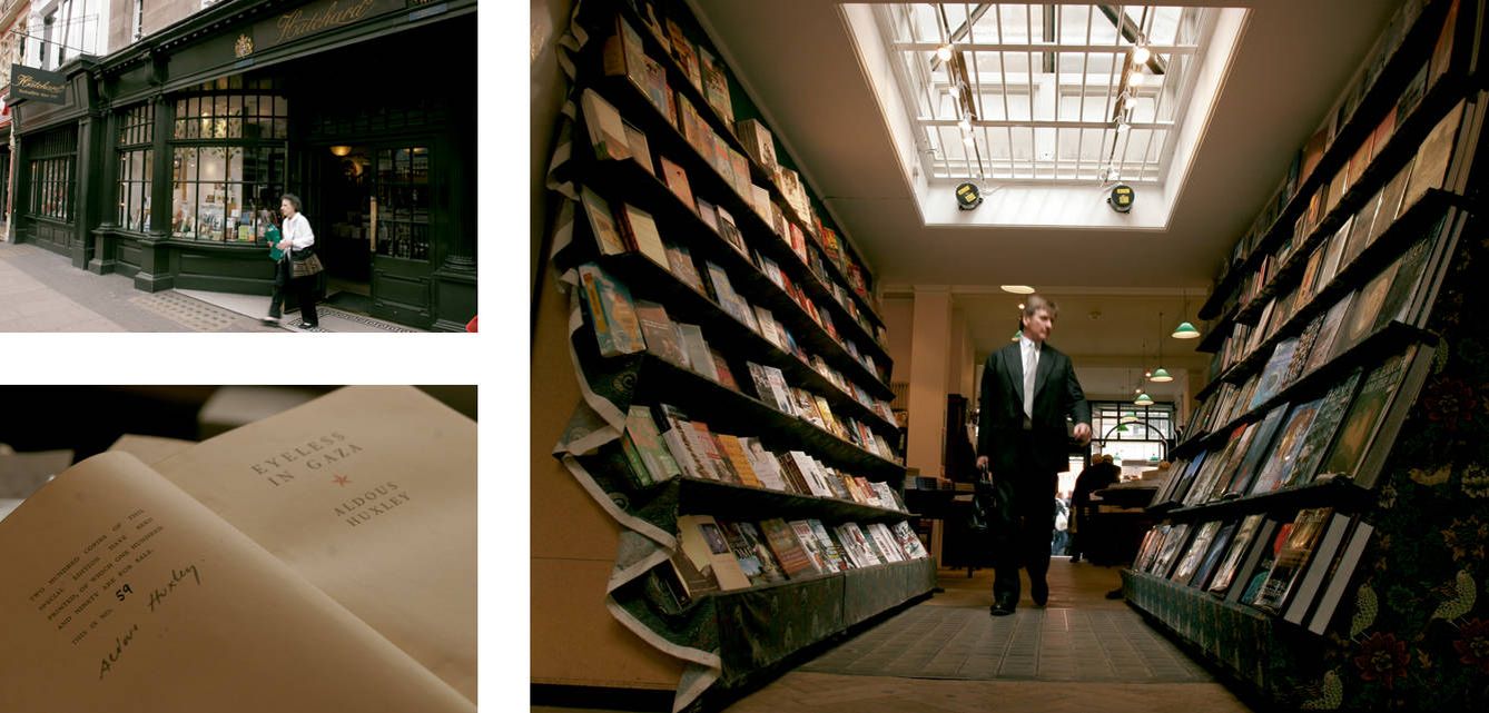 A la izquierda, arriba, entrada principal a la librería Hatchard’s. Debajo, edición especial firmada de una obra de Aldous Huxley. A la derecha, uno de los pasillos de Daunt. (Jordi Adrià)