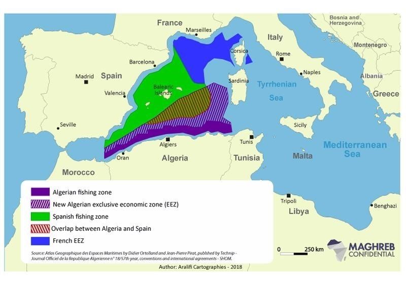 Zonas marítimas de Argelia y España, así como las aspiraciones argelinas.