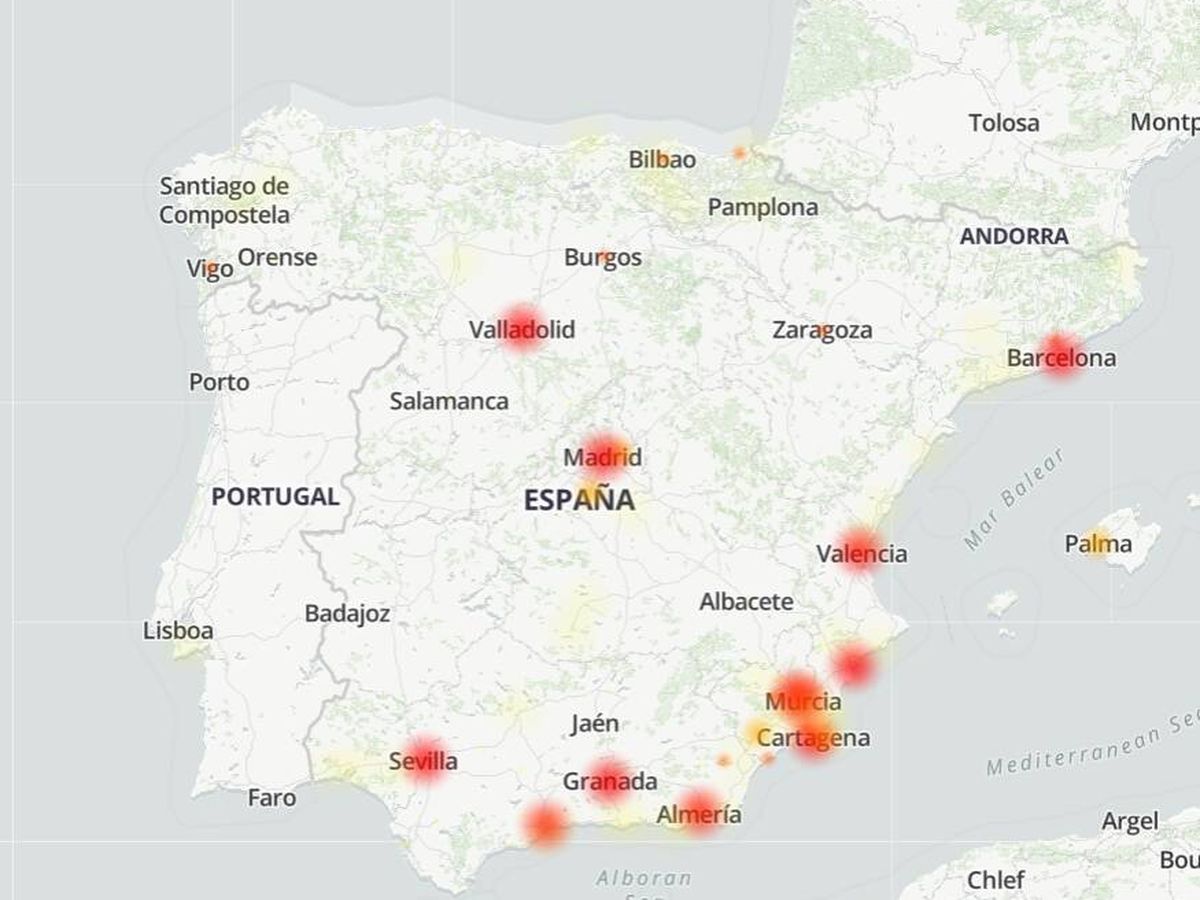 Foto: Mapa de las zonas donde se ha reportado la incidencia. (Downdetector)