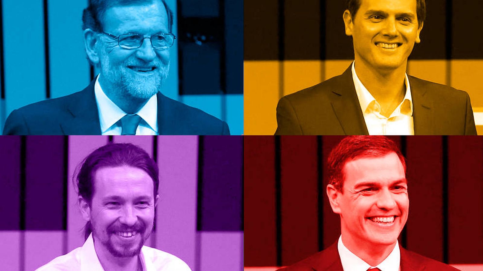 Foto: De izquierda a derecha y de arriba abajo: Mariano Rajoy, Albert Rivera, Pablo Iglesias y Pedro Sánchez, durante el debate a cuatro, el pasado 13 de junio. (EC)